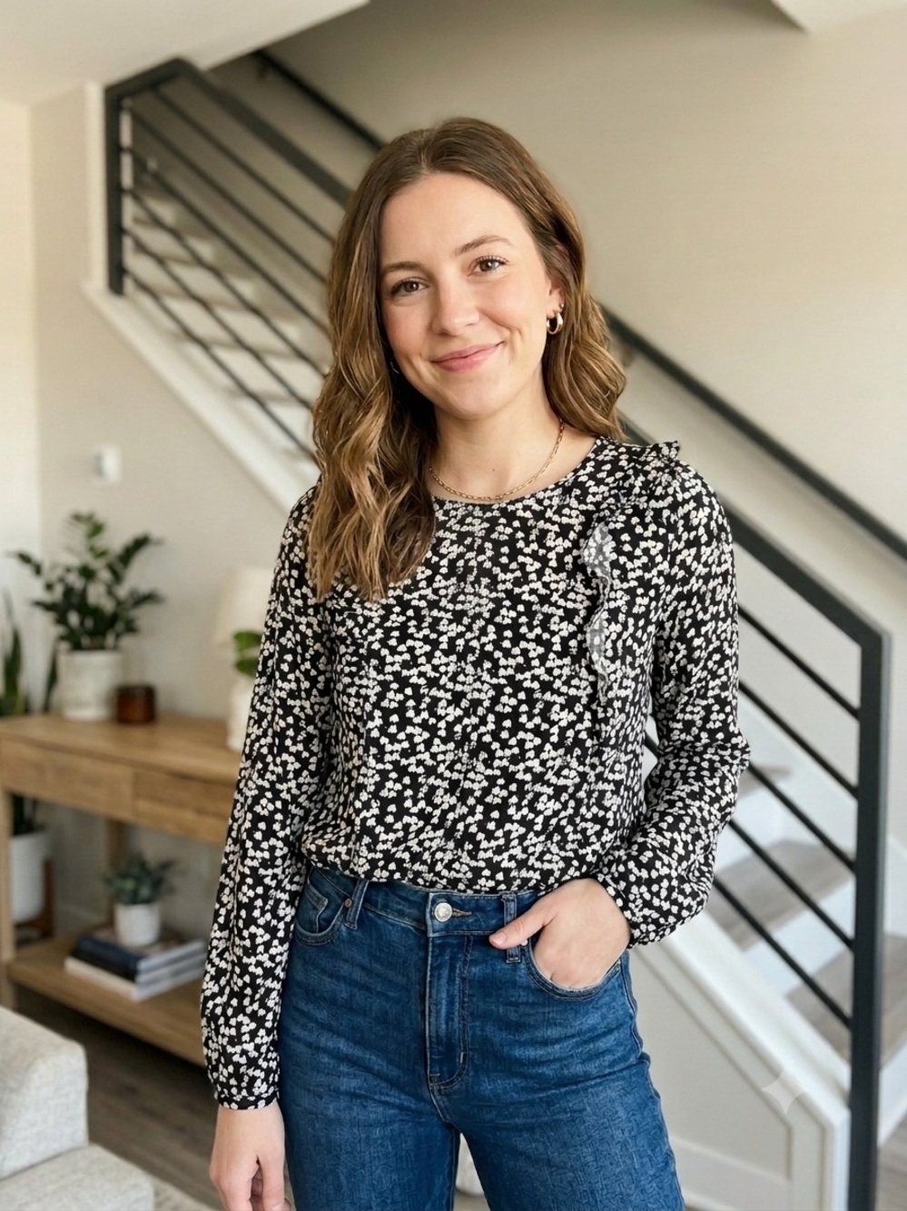 Forever 21 Black and White Floral Long-Sleeve Blouse